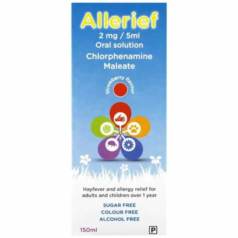 Chlorphenamine Oral Solution 2mg/5ml bottle and box for child allergy relief