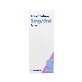 Loratadine 5mg/5ml syrup bottle and box for child allergy relief