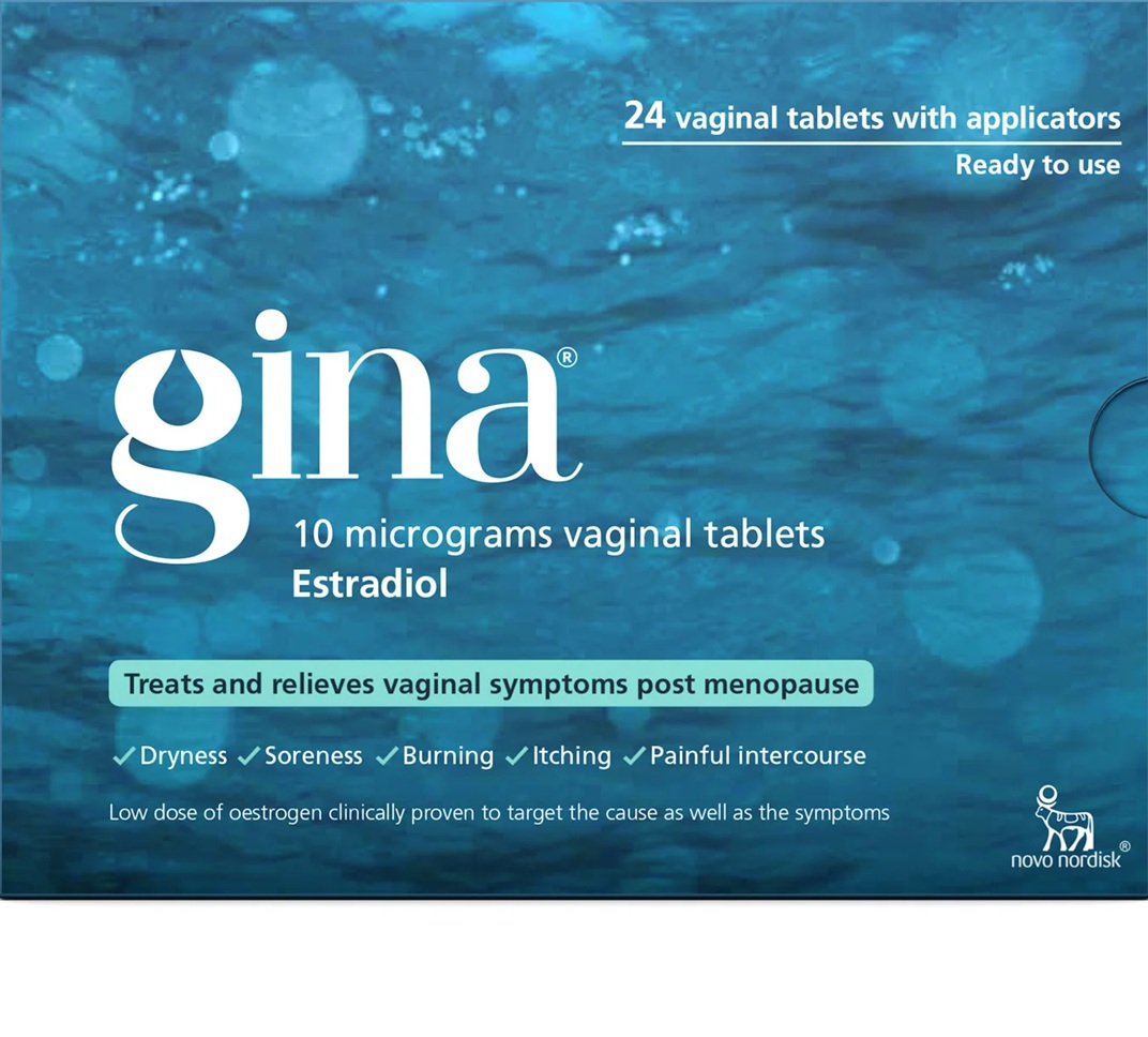 Box of Gina vaginal oestrogen tablets used to treat menopause symptoms