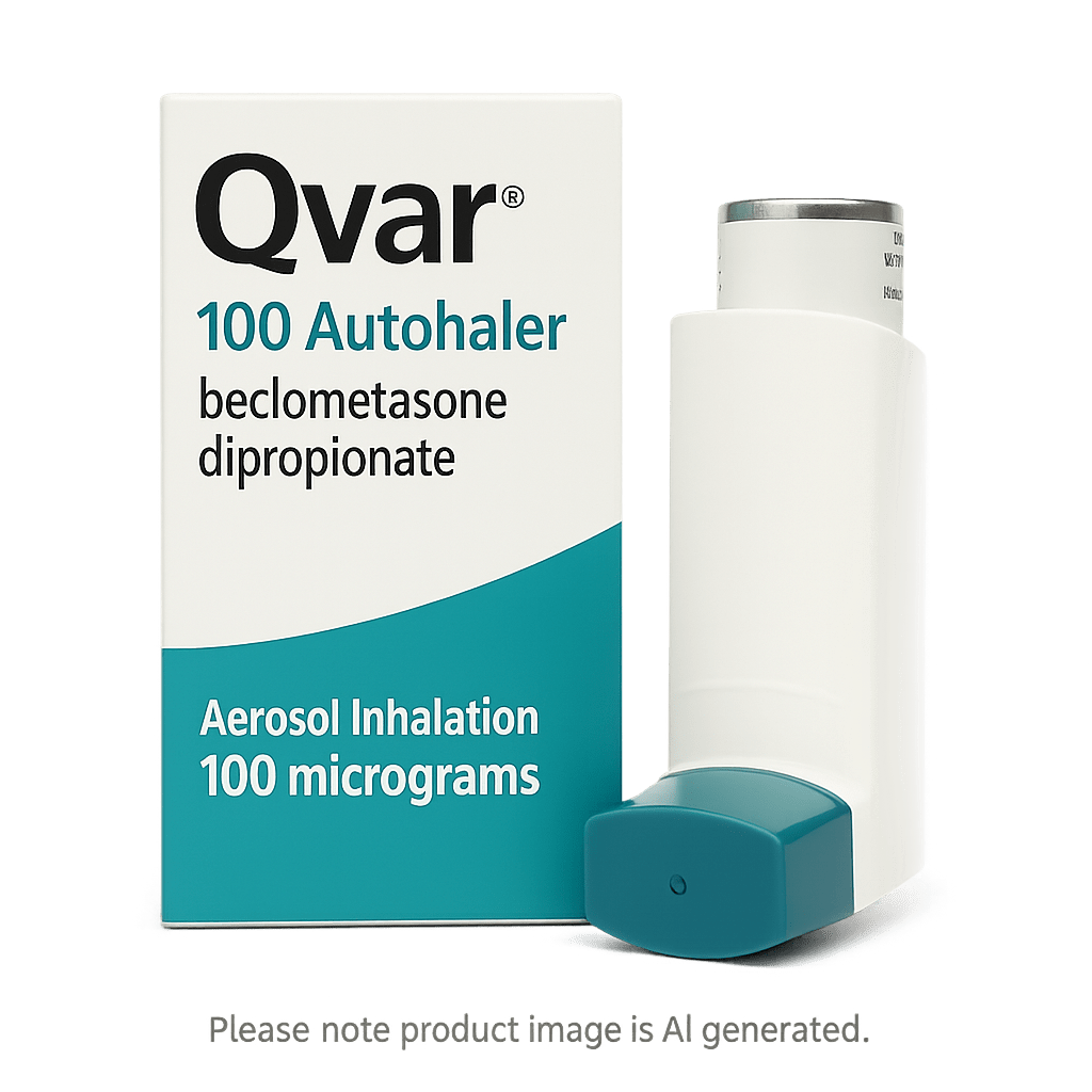 Box and inhaler device of Qvar beclometasone dipropionate for asthma