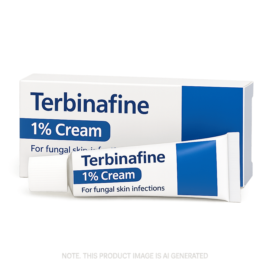Tube of Terbinafine 1% Cream for athlete’s foot treatment