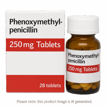 Box of Phenoxymethylpenicillin Tablets for tonsillitis treatment