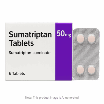 Box of Sumatriptan 50mg Tablets used for migraine treatment