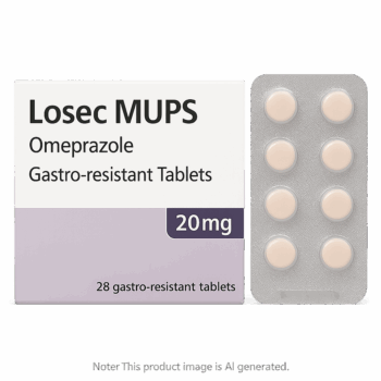 Box of Losec MUPS omeprazole tablets for acid reflux treatment