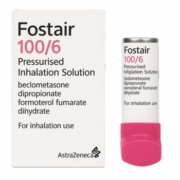 Box of Fostair 100/6 Inhaler used for asthma treatment