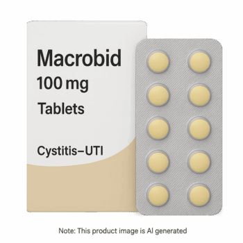 Box of Macrobid 100mg Tablets used to treat cystitis and UTIs